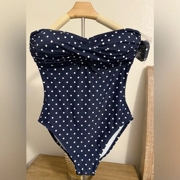 Draper James Bandeau One Piece Navy Polka Dot Swimsuit NWT- Size Medium - Picture 2 of 10